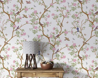 Chinoiserie Camelia Tree Wallpaper: Peel and Stick Removable Wallpaper