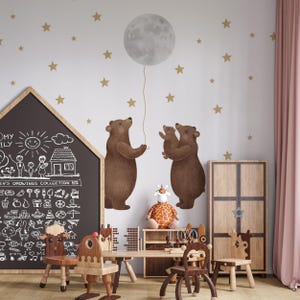 nursery wall decals with bear family and moon 50 stars, animals wall stickers