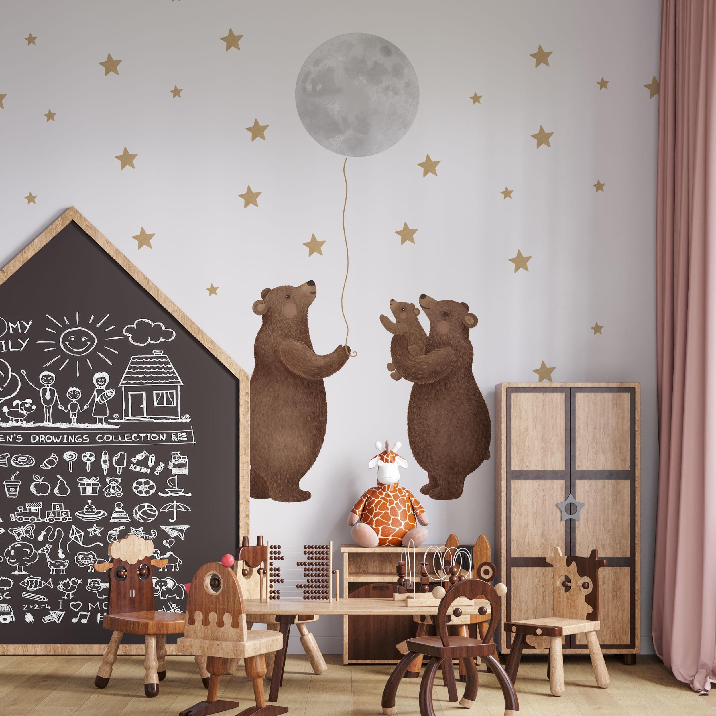 nursery wall decals with bear family and moon 50 stars, animals wall stickers