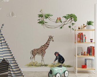 Muurstickers safari kinderkamer: giraf, aap, papegaaien - kinderkamerdecoratie