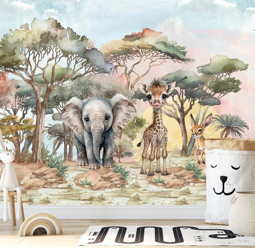Safari Animals Peel and Stick Wallpaper, Kids Nursery Mural - Etsy UK