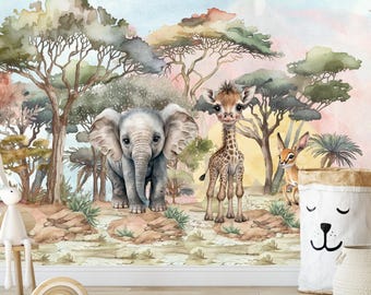 Safari Animals Peel and Stick Wallpaper, Kids Nursery Mural
