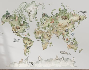 MAPA MUNDIAL Calcomanía de pared para niños, calcomanía de pared de mapa del mundo, animales de calcomanía de pared, calcomanías de mapa del mundo, pegatinas de pared de animales, decoración de guardería para niños