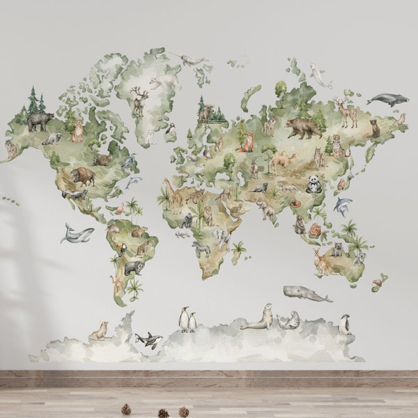 WORLD MAP Wall decal for kids, world map wall decal,  wall decal animals, world map decals, animal wall stickers, boy nursery decor