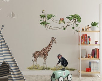 サファリ柄の子供部屋用ウォールデカール：キリン、サル、オウム - 子供部屋の装飾