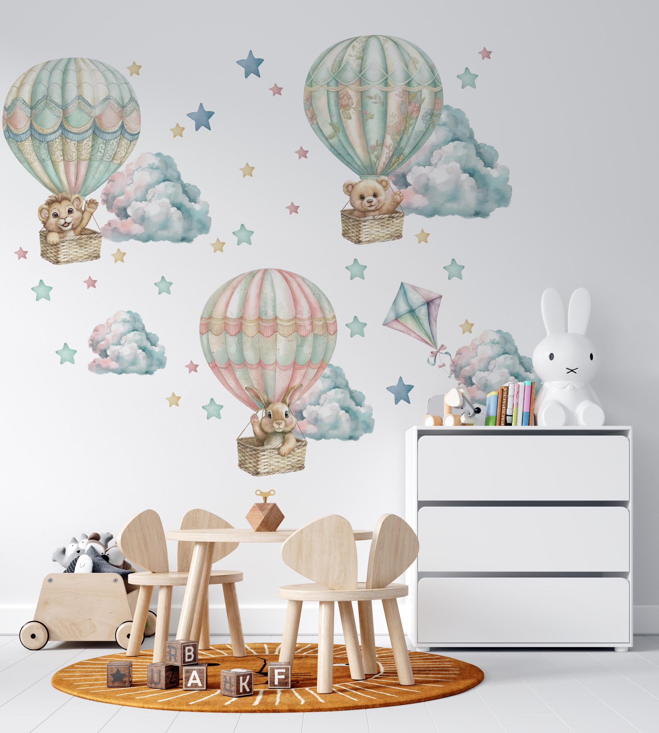 Cartoon Animal Wall Decals - Hot Air Balloon, Train, Stars & Clouds, Removable PVC Stickers For Nursery Decor