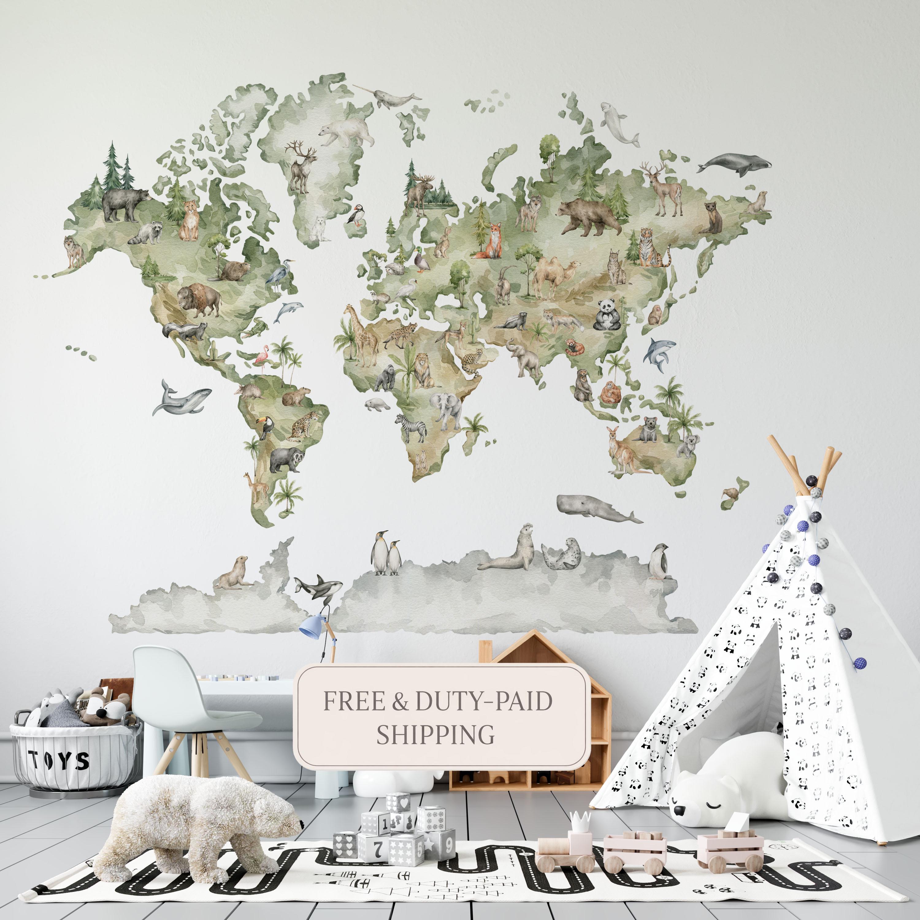 World Map Wall Decal Animal World Map Educational Wall Decals for Kids ...
