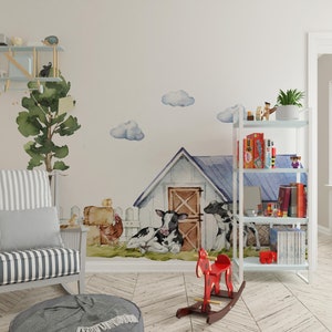 kids room wall decal featuring baby farm animals and watercolor barn scene