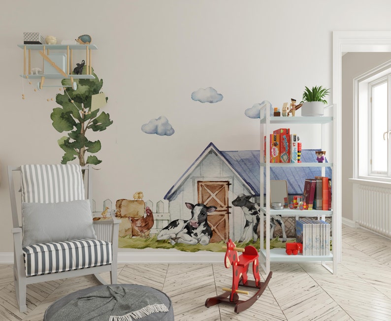 kids room wall decal featuring baby farm animals and watercolor barn scene