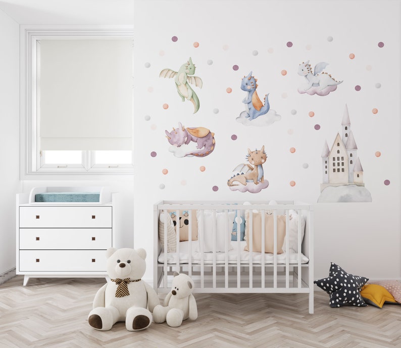 Sweet baby dragon nursery wall art set displaying multiple baby dragons, clouds and fairytale castles – high-quality dragon sticker and watercolor nursery decal design.