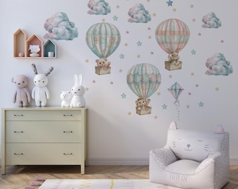 Nursery wall decals with teddy bears bunny and hot air balloons, Animals wall stickers for kids room