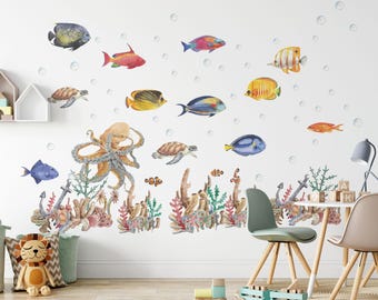 ocean wall decal, under the sea wall decal,  sea animals wall sticker, Sticker Set octopus, sea Turtle decal, Watercolor Peel and stick
