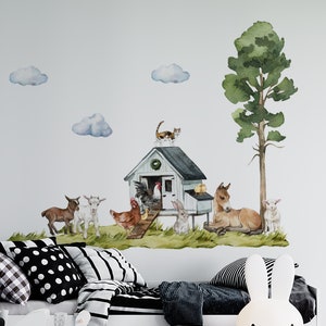 wall decals designed as farm nursery decor with tree and farmhouse illustration