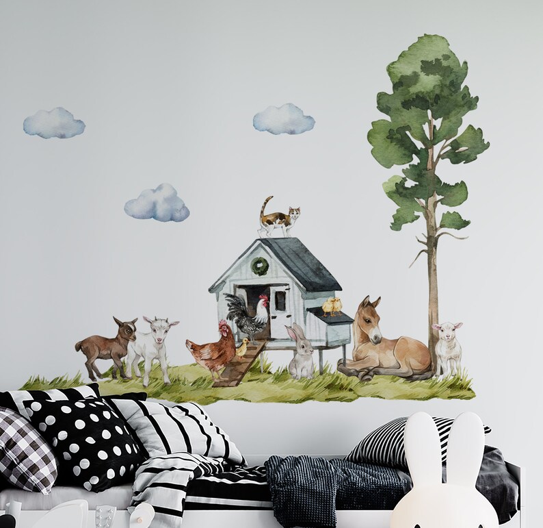 wall decals designed as farm nursery decor with tree and farmhouse illustration