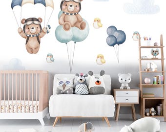hot air ballon wall decals, nursery bear wall decals,  plane wall decals, wall decals nursery, kids wall decals
