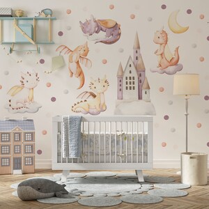 Charming fairy tale dragonnursery wall decal with colorful cute baby dragons and pastel castles in watercolor style – premium cute dragon decal for dragon nursery theme.