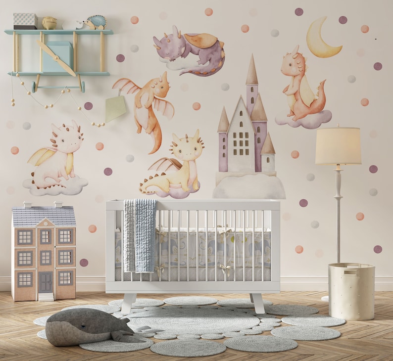Charming fairy tale dragonnursery wall decal with colorful cute baby dragons and pastel castles in watercolor style – premium cute dragon decal for dragon nursery theme.