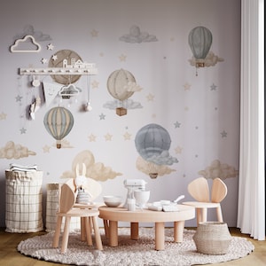 hot air balloon nursery, hot air balloon wall decal, nursery wall decals / Hot Air Balloon decals / Moon and stars wall decals