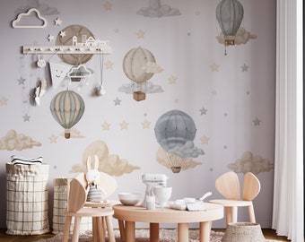 hot air balloon nursery, hot air balloon wall decal, nursery wall decals / Hot Air Balloon decals / Moon and stars wall decals