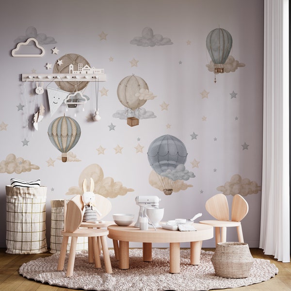 Chambre de bébé en montgolfière, sticker mural montgolfière, stickers muraux pour chambre de bébé / Stickers montgolfières / Stickers muraux lune et étoiles