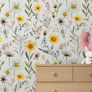 Papier peint floral sauvage à l'aquarelle, décoration murale fleurs de jardin colorées, papier peint floral d'été auto-adhésif