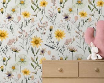 Watercolor Wildfloral Wallpaper  Colorful Garden Flowers Wall Mural  Peel and Stick Summer Floral Wallpaper