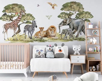 safari wall stickers, safari wall decal, jungle wall decal, safari nursery decor, giraffe wall decal, zebra stickers, tiger sticker lion