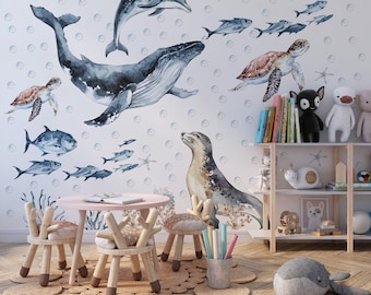 ocean wall decals, whale wall decals for kids room,