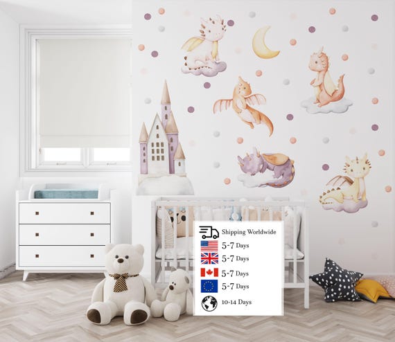 dragon nursery, baby dragon decals, dragon wall decal, dragon sticker, baby dragon wall decal, nursery wall decal,  cute dragon decal