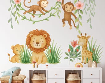 Pegatinas de pared de la selva / Pegatinas de pared de safari / Vinilo decorativo de pared de la selva, Arte de pared de animales de safari para habitación infantil / Decoración de pared de vinilo de la selva
