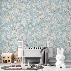 carta da parati a fiori blu, carta da parati blu, carta da parati per bambini, carta da parati staccabile e attaccabile, carta da parati temporanea, carta da parati botanica, prato fiorito