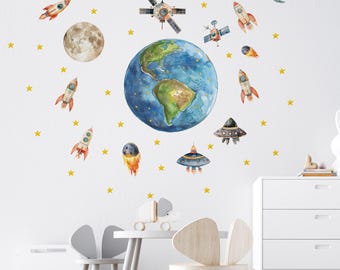 Space Wall Decals for Kids Room, Rocket Ship and Planet Stickers, Nursery Outer Space Decor, Solar System Wall Stickers