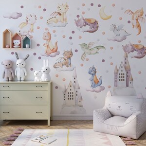 Beautiful cute dragon decal and dragon wall art featuring fairy tale baby dragons with crescent moon and castles – enchanting nursery wall decal in soft watercolor for dragon nursery.