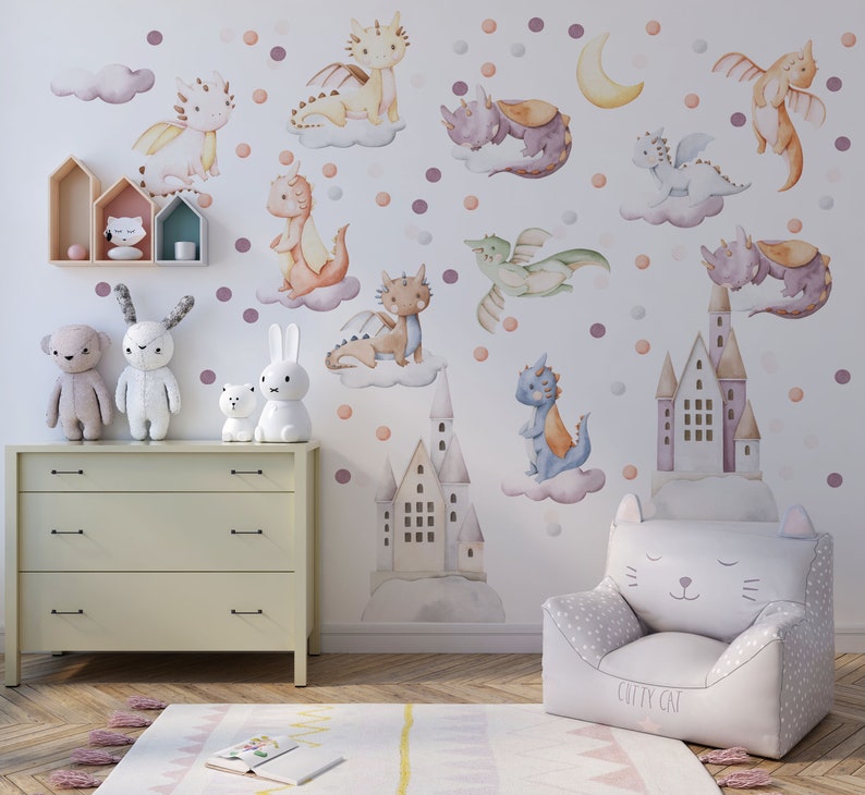 Beautiful cute dragon decal and dragon wall art featuring fairy tale baby dragons with crescent moon and castles – enchanting nursery wall decal in soft watercolor for dragon nursery.