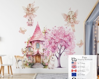 Fairy Tale Wall Decals, Pink Blossom Tree, Castle, Nursery Decor