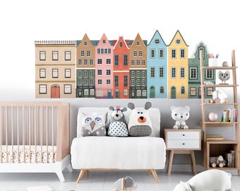 house wall decals, city wall decals, nursery decals, cute houses