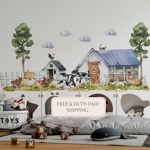 farm nursery decor with watercolor barn and baby farm animals as farm nursery wall decal