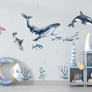 Ocean Animals Wall Decal for Kids and Nursery,  sea animals wall sticker, Sticker Set Dolphin, seal, sea Turtle, Watercolor Peel and stick