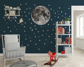 Vinilos decorativos de luna y estrellas para pared / Adhesivos para la habitación del bebé / Decoración celestial para la habitación del bebé / Arte mural con temática espacial / Estrellas que brillan en la oscuridad