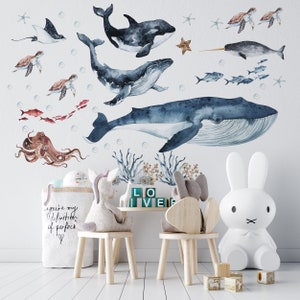 blue whale wall decals, Ocean animals wall stickers, under the sea wall decals,