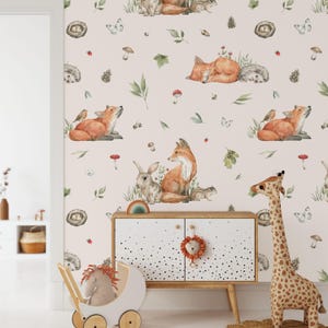 Carta da parati con animali della foresta, coniglio e volpe, murale per cameretta dei bambini in colori pastello neutri, carta da parati con animali della foresta staccabile e attaccabile