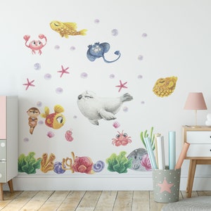 Ocean Animals Wall Decal for Kids and Nursery,  sea animals wall sticker, Sticker Set Dolphin, seal, sea Turtle, Watercolor Peel and stick