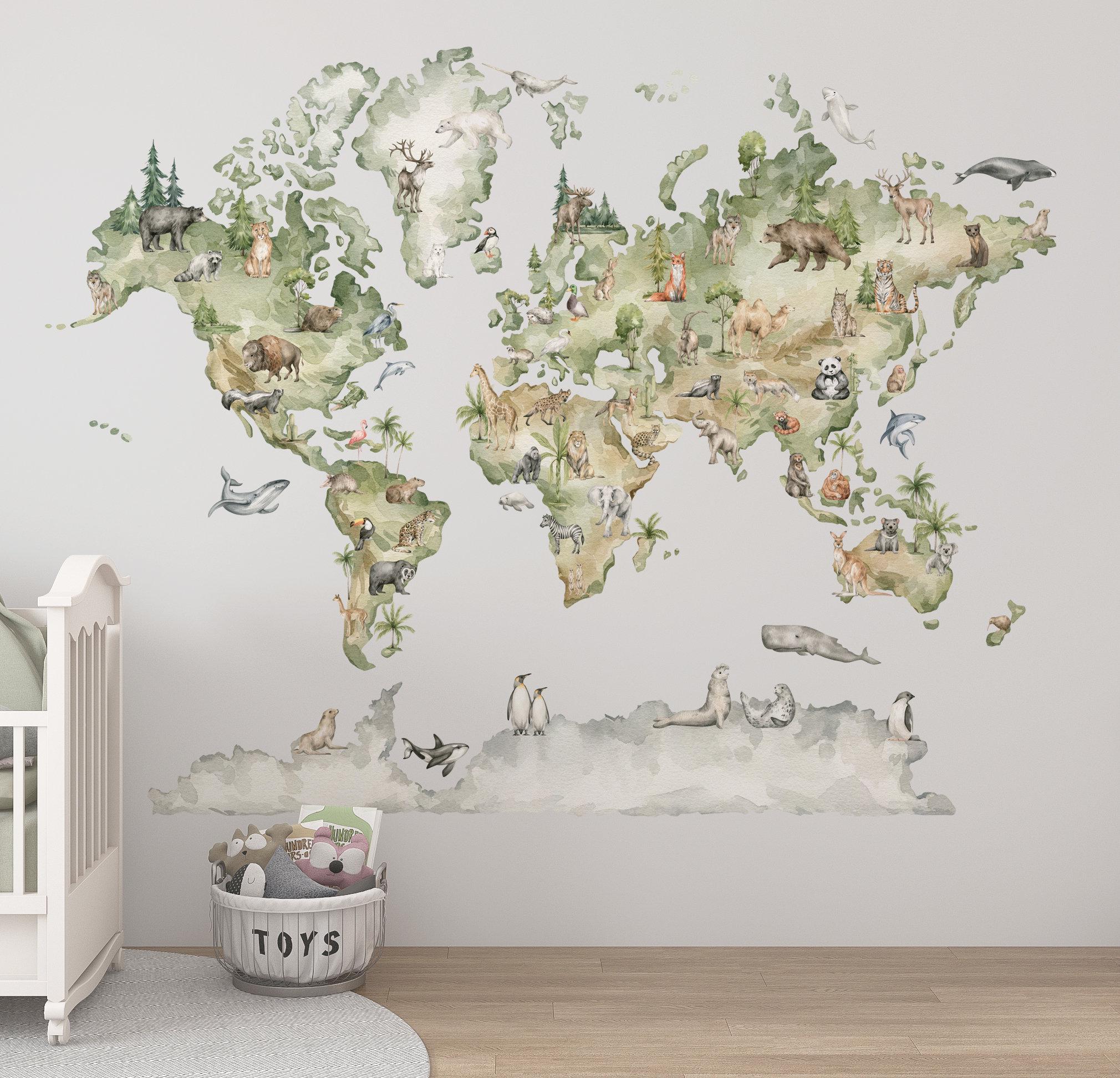 World Map Wall Decal Animal World Map Educational Wall Decals for Kids ...