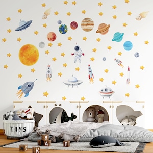 Può includere: Un set di adesivi murali a tema spaziale con illustrazioni ad acquerello di pianeti, stelle, comete, razzi, dischi volanti e un astronauta, disposti in un motivo sparso sulla parete.