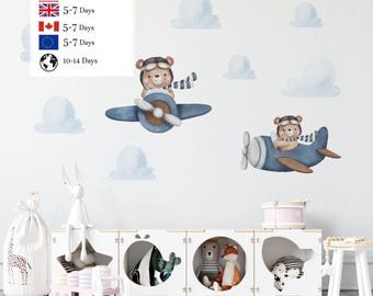 hot air ballon wall decals, nursery bear wall decals,  plane wall decals, wall decals nursery, kids wall decals