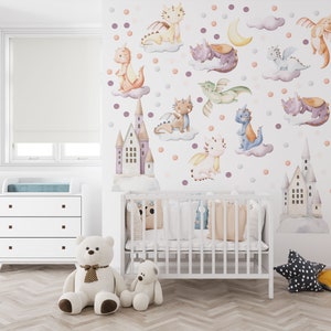 Pastel dragon wall decal collection with adorable cute baby dragons on clouds and magical castles – perfect nursery decor and baby dragon decals for cozy baby room.