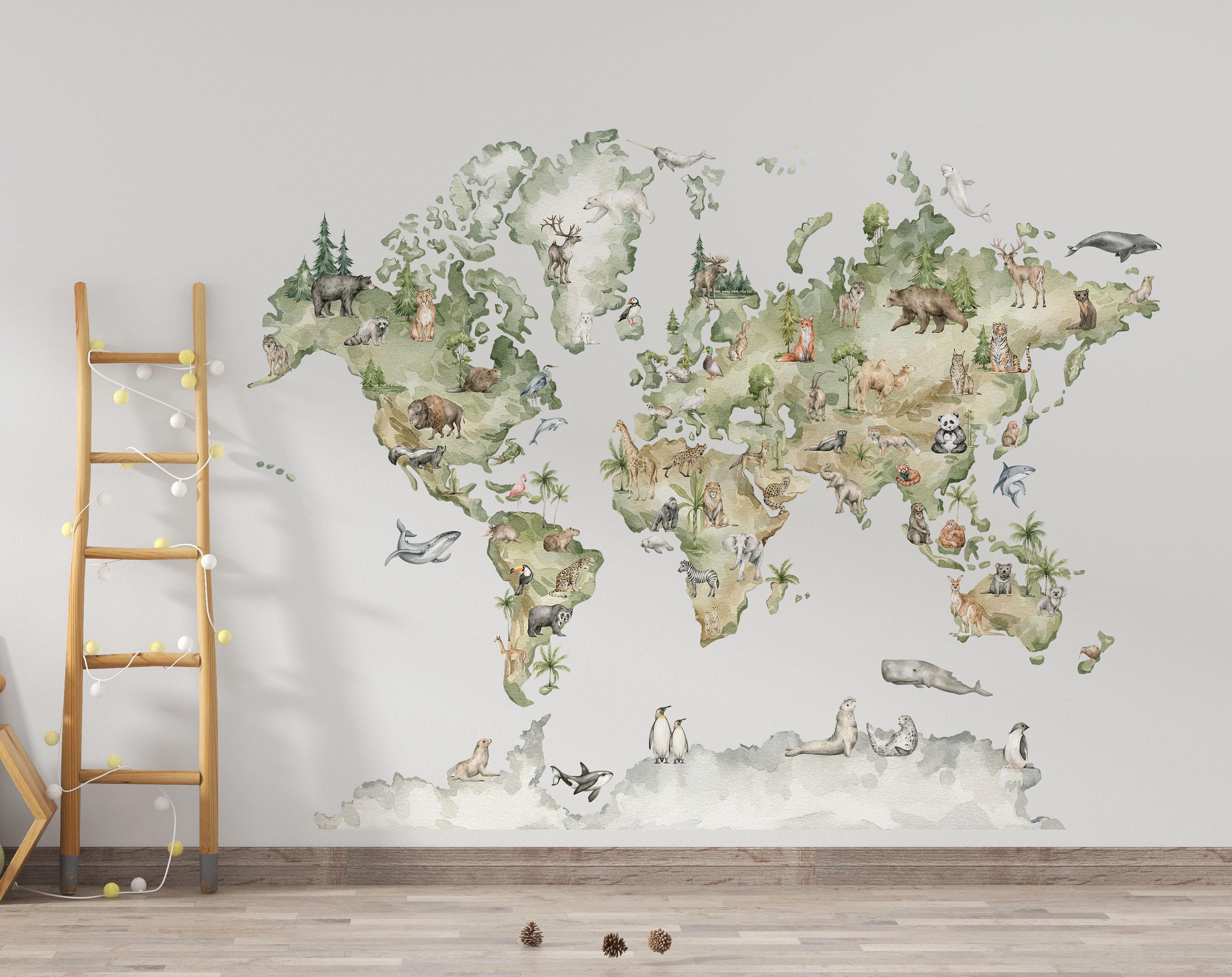 World Map Wall Decal Animal World Map Educational Wall Decals for Kids ...