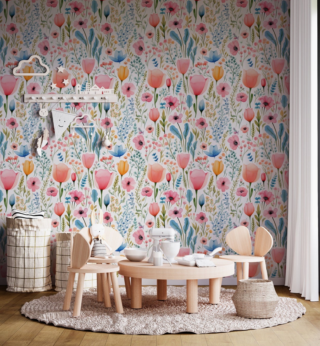 Watercolor Wildfloral Wallpaper, Nursery Wallpapers, Colorful Garden ...