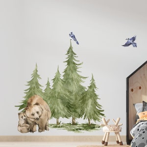 forest wall decal, woodland wall decal, bear family wall decals, pine tree decals, bird decals, kids wall stickers, forest wall sticker