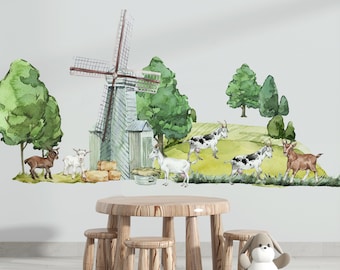 Farm Animal Nursery Wall Decals: Rustic Windmill & Goat Decor